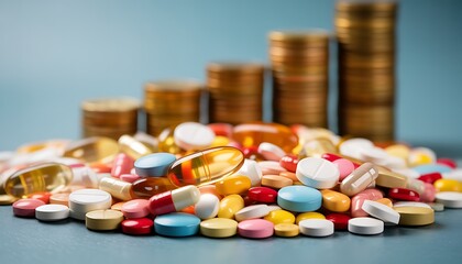 A vibrant display of assorted medications and golden coins symbolizing healthcare costs financial wellness and pharmaceutical investments potentially linking health and wealth