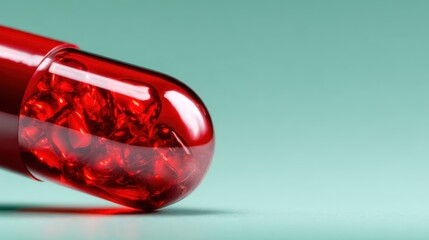 A vivid red capsule filled with glistening gel beads, set against a soothing green background, representing health and wellness in a modern, visually striking composition.