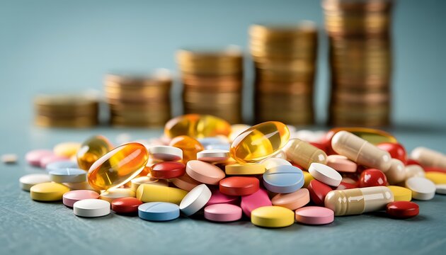 A vibrant collection of assorted pills and capsules alongside stacks of golden coins suggesting healthcare investment and pharmaceutical expenses high quality - Powered by Adobe