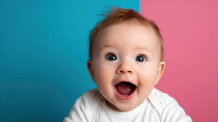 A delightful portrait of a joyful baby with bright blue eyes, expressing pure happiness against a contrasting blue and pink backdrop, capturing innocence and joy in one frame.