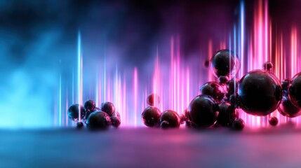 An abstract visualization featuring bouncing energy waves and spheres in varied colors creates a dynamic scene representing movement, technology, and the vibrancy of modern life.