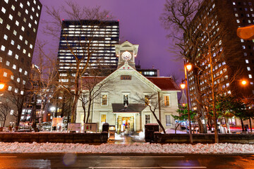 Sapporo Clock Tower Made from a wooden structure in Winter the most popular for tourism. Historical building at Sapporo, Hokkaido, Japan.