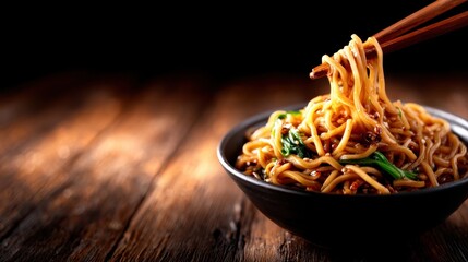 A tantalizing bowl of noodles skillfully lifted with chopsticks, capturing the essence of Asian cuisine and evoking feelings of comfort, hunger, and culinary delight.