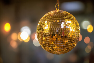 Obraz premium Shiny golden disco ball hanging with sparkling reflections and blurred colorful lights in the background creating a festive party atmosphere