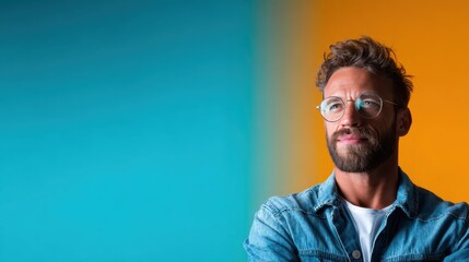 Obraz premium This striking image features a stylish man in denim, thoughtfully gazing into the distance, set against a bold orange and teal backdrop that enhances his expression.