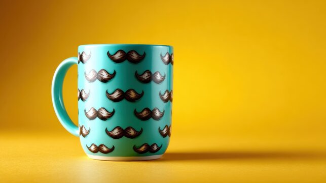 A vibrant turquoise mug adorned with playful mustache designs, set against a bright yellow background, evoking fun, creativity, and whimsy in beverage presentation. - Powered by Adobe