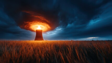 A towering cooling structure under a dramatic sky filled with swirling orange clouds, highlighting the contrast between industrial architecture and natural phenomena, symbolizing power.