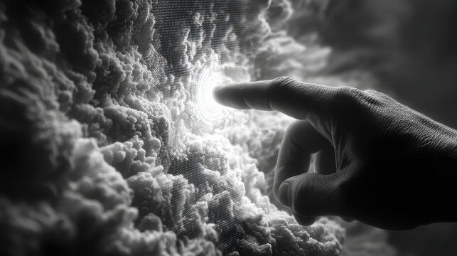 Hand Interacting with Glowing AI Digital Interface: Future Tech, Artificial intelligence, Technology