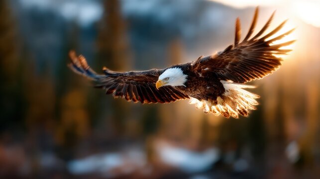 An impressive eagle in flight against a breathtaking natural landscape, symbolizing freedom, strength, and the beauty of wildlife in its natural habitat.