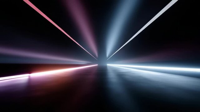 3D-rendered tunnel scene illuminated by parallel neon light bars in vibrant shades of purple, pink, and blue. The glowing lines run symmetrically along both sides