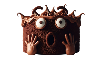 Creepy chocolate cake with surprise hands isolated on transparent background