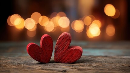 Two red wooden heart-shaped obstacles rest on a rough surface with orange light bokeh effects glowing softly in the back