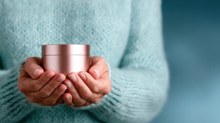 An elderly person's hands gently hold a pink cream jar, reflecting tenderness, care, and the importance of self-care in beauty and wellness routines across ages.