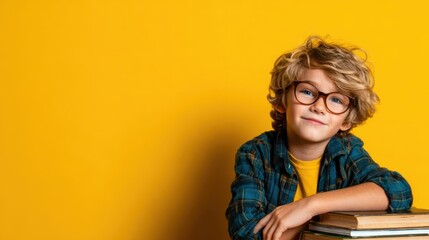 This charming image features a young boy with curly hair and glasses, showcasing a warm smile while leaning on a stack of books against a vibrant yellow background.