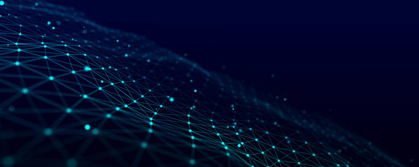 The flow of particles in a dynamic wave. Data visualization. Abstract dark background. 3D rendering.