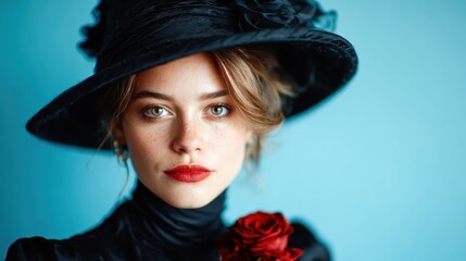 This striking portrait captures a woman adorned with a stylish hat and a rose, conveying elegance, grace, and a sense of timeless beauty against a soft blue background.