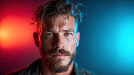 Obraz premium This close-up portrait of a rugged man with a beard captures a powerful expression, emphasizing strength and character with contrasting vibrant lighting.