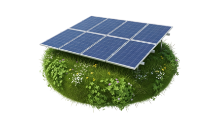 A solar panel installation on a lush green grassy patch with flowers in a sunny landscape.