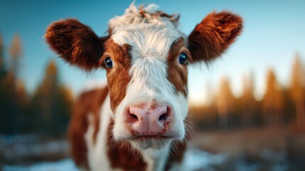 An adorable close-up of a curious brown and white cow gazes into the camera, framed by a picturesque outdoor setting, capturing the essence of farm life and nature's charm.