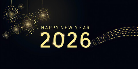 Happy New Year 2026 Gold Text Effect with Fireworks Stars and Confetti on Festive Celebration Background - Holiday Party Design Template
