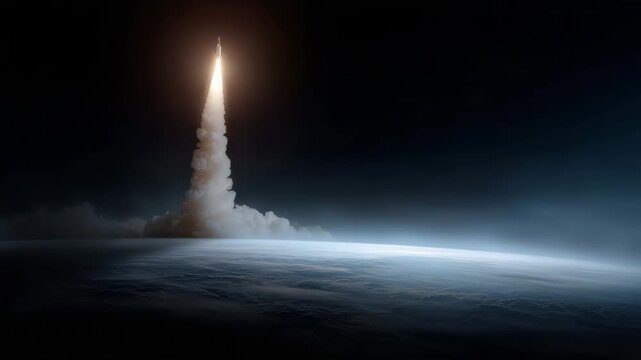 a powerful space rocket launching into orbit, rising above thick clouds of smoke and fire against the backdrop of planet Earth glowing with blue atmos