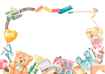 Obraz premium Rectangular horizontal frame of children's toys with teddy bear, doll, railway, pyramid. Watercolor hand drawn illustration for card, invitation, posters, web pages. Template with space for text on