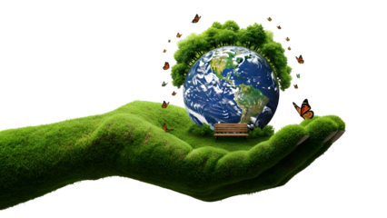 A hand covered in green moss holding a miniature globe with lush greenery and butterflies surrounding it in a serene environment from a close-up viewpoint