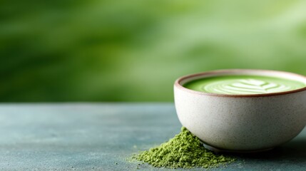 A delightful bowl of matcha latte art beautifully arranged next to a mound of green tea powder, encapsulating the essence of modern beverage culture and wellness.
