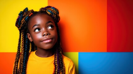 A modern girl with stylish braided hair gazing thoughtfully against a vibrant background, reflecting individuality and the diverse expressions of youth and modern fashion culture.