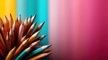 An artistic display of vibrant colored pencils arranged beautifully, showcasing their tips and colors against a gradient background for creativity and inspiration.