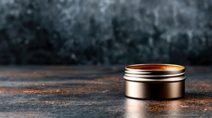 A simple yet elegant bronze tin showcased on a textured surface, representing minimalism, beauty in simplicity, and the allure of everyday objects in artistic fashion.