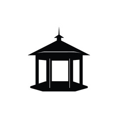A black silhouette icon of a traditional garden gazebo structure on a white background