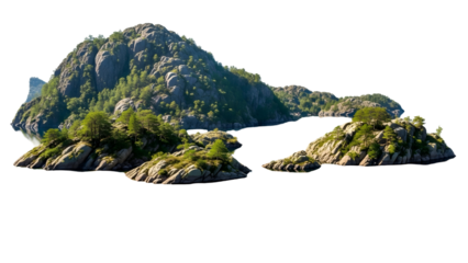 A serene landscape of rocky islands covered in lush greenery rises from calm waters on a sunny day with dense foliage and rugged terrain visible from a distant viewpoint.