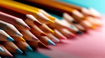 An artistic array of colored pencils laid out on a vibrant background, representing creativity, inspiration, and the joy of artistic expression for all ages.