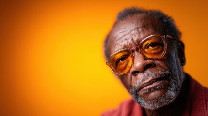 An elderly man gazes thoughtfully at the viewer, his striking amber glasses and textured beard providing a captivating focal point against a warm orange backdrop.