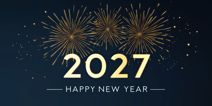 Happy New Year 2027 Gold White Numbers Fireworks Navy Black Background Celebration Greeting Card Banner Poster Social Media Design Festive Party NYE Event Template