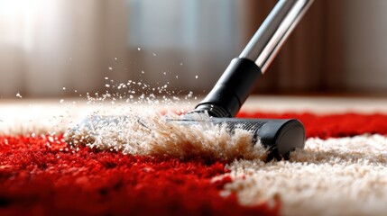 A dynamic shot of a vacuum cleaner in action, effectively removing dirt from a lush red carpet, showcasing a sunny and clean home environment with soft light filtering through.