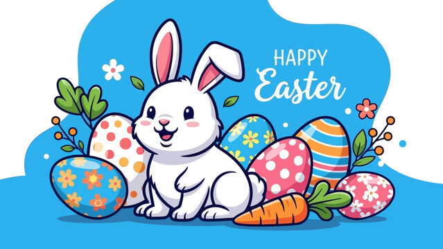 A cheerful Easter illustration featuring a white bunny surrounded by colorful decorated eggs and carrots. - Powered by Adobe