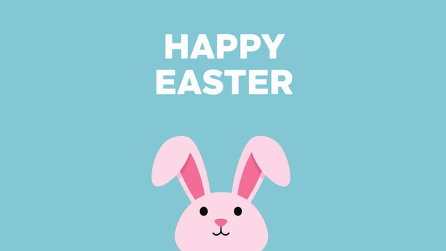 A cute pink Easter bunny with long ears peeking out from the bottom against a light blue background with the words HAPPY EASTER at the top.