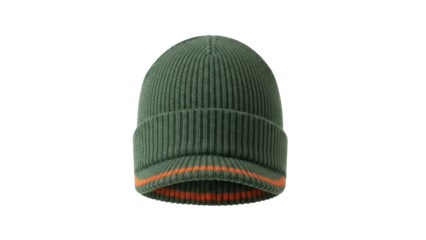 Isolated olive green knit hat with orange stripes on folded brim and visor for warmth wear