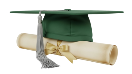 Isolated graduation cap and diploma scroll tied with ribbon, signifying academic achievement