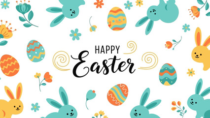 Happy Easter illustration with bunnies, eggs, and flowers on white background.