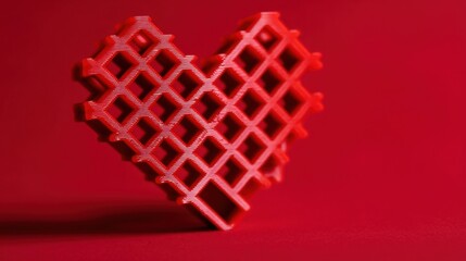 A bright red three dimensional object with a geometric lattice pattern shaped like an irregular outlined heart against a