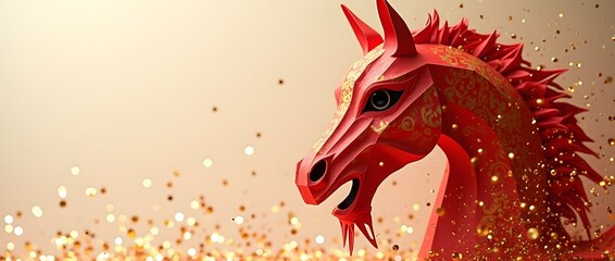 Tête de cheval en papier rouge et or vif symbolisant le zodiaque chinois, décorée de motifs traditionnels et d'un bokeh doré sur un fond festif et chaleureux. | 2026 origami 