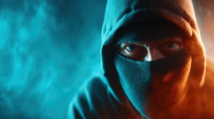 A mysterious figure in a hoodie, shrouded in shadows and blue light, captures an intriguing moment that evokes feelings of suspense and secrecy in this atmospheric image.