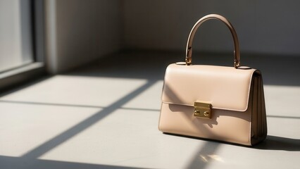 A stylish beige leather handbag with a top handle and gold clasp resting on a light floor with natural light and shadows.