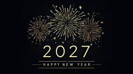Happy New Year 2027 Gold White Numbers Fireworks Navy Black Background Celebration Greeting Card Banner Poster Social Media Design Festive Party NYE Event Template