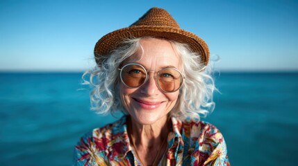 An elderly woman with a joyful smile stands in front of a serene ocean backdrop, celebrating life, happiness, and the beauty of aging gracefully in a vibrant atmosphere.