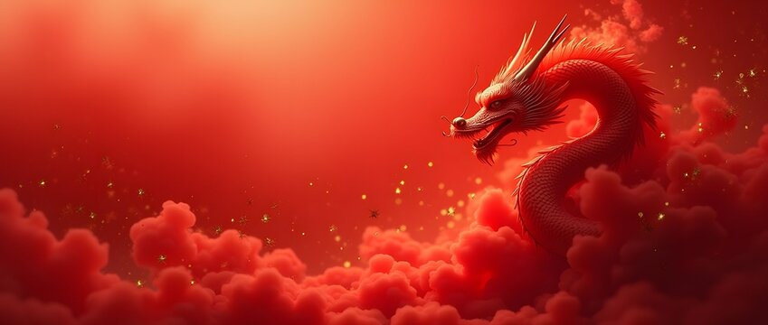 Puissant dragon rouge &eacute;mergeant de nuages tourbillonnants et d'&eacute;tincelles dor&eacute;es, symbolisant la fortune et le Nouvel An lunaire Chinois