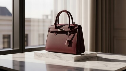 A luxurious burgundy leather handbag with a top handle and flap closure, elegantly displayed on a marble surface near a window.